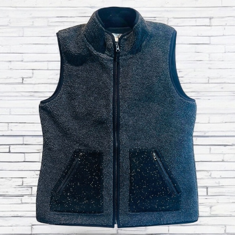 T by Talbots Sherpa Fleece‎ Vest Lined Full Zip Pockets Gray/Blk Fleck  Size M